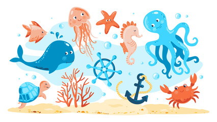 Ocean Animals. Sea life elements. Jellyfish, Crab, Turtle, Octopus, Fish, Coral, Starfish, Seahorse, Whale, Anchor. Childish Marine set with sea creatures for girls and boys Baby Shower, Birthday