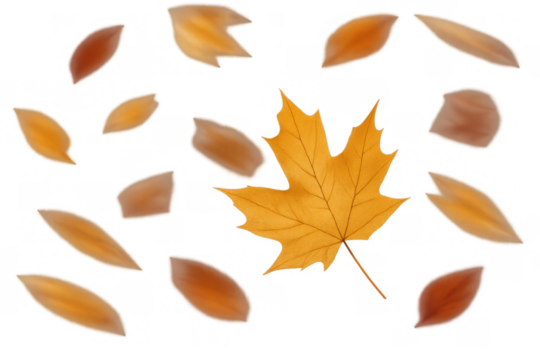 Autumn maple leaf falling with other colorful leaves, symbolizing changing seasons and a fresh start on transparent background