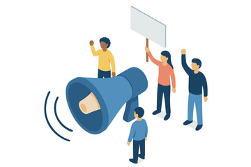Isometric crowd protesting with megaphone and blank sign