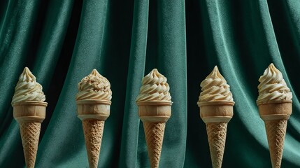 Delicious ice cream cones arranged in a row against a luxurious green backdrop, perfect for summer treats