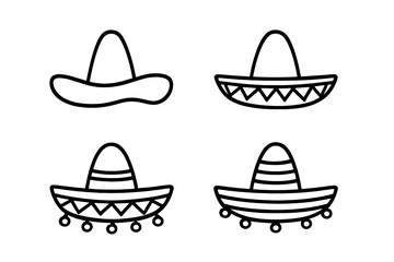 Set of four simple outline icons representing different styles of sombrero hats