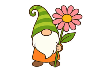 Whimsical garden gnome character holding a bright pink daisy flower