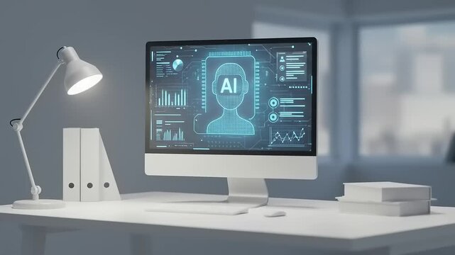 Modern workspace featuring a computer displaying AI technology analytics and digital interface - Powered by Adobe