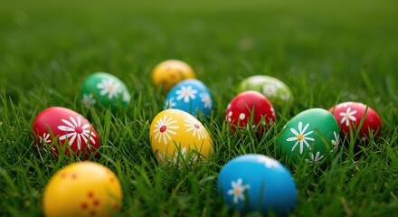 A vibrant collection of beautifully decorated eggs nestled among fresh green grass, symbolizing the start of spring festivities and joyful celebration ,delight ,grass ,pattern