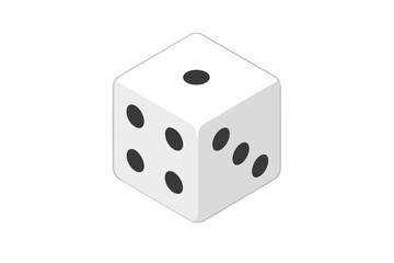 Isometric white six-sided die displaying faces with one, three, and four dots