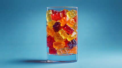 Vibrant gummy bears in a tall glass, a colorful treat perfect for candy shops, advertising, and fun designs