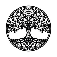 Celtic Tree of Life Vector – Yggdrasil Tree Knotwork Circle Design, Roots and Branches Mandala Vector Illustration, isolated black and white art
