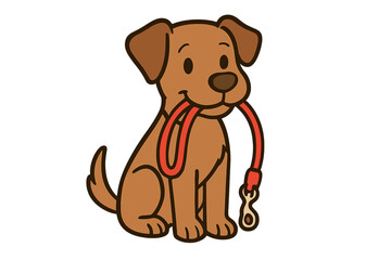 Happy brown puppy dog sitting while holding red leash in mouth