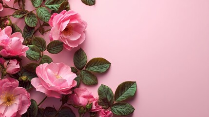 Elegant pink roses with vibrant green leaves against soft pastel backdrop, perfect for romantic designs and creative projects