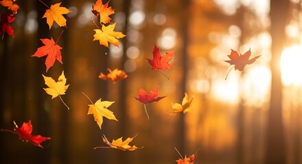 Autumn Leaves Falling in Sunlight Forest Scene.
