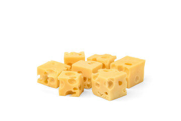 Maasdam cheese cubes isolated on white background.