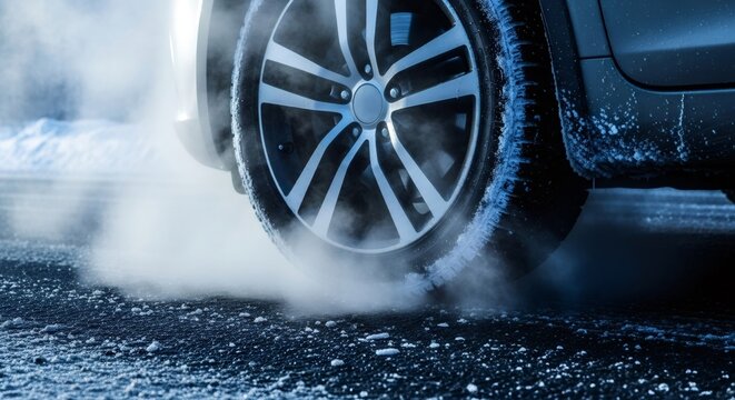 Car wheel spinning on snowy and icy road. Concept of winter driving, safety challenge, and slipping danger for automotive industry.
