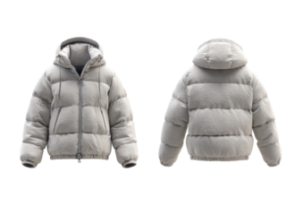 Gray Puffer Jacket with Hood and Zipper for Winter Casual Wear
