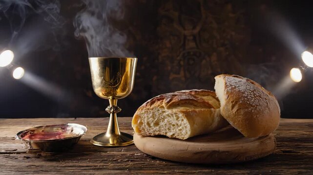 Eucharist Communion Set including bread and wine on a plate, symbolizing faith and religious sacrament.