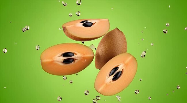Fresh sapodilla fruits, some whole and some cut in half, with water droplets on a vibrant green background.
