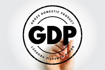 GDP Gross Domestic Product stamp with hand holding marker, economic finance concept showing...
