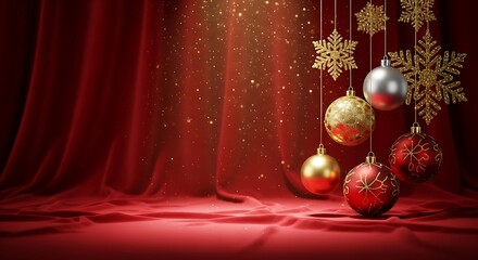 Luxury Red Christmas Background: Velvet Drapes, Hanging Gold and Silver Ornaments, Golden Snowflakes, and Sparkling Glitter. Festive Holiday Template