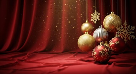 Luxury Red Christmas Background: Velvet Drapes, Hanging Gold and Silver Ornaments, Golden Snowflakes, and Sparkling Glitter. Festive Holiday Template