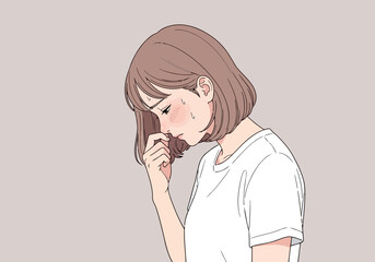 Illustration of a young woman with short brown hair, wearing a white tshirt, looks down with her hand near her face, conveying sadness or contemplation