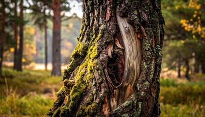 Close-up view of a tree trunk with a large knothole, mossy, in forest