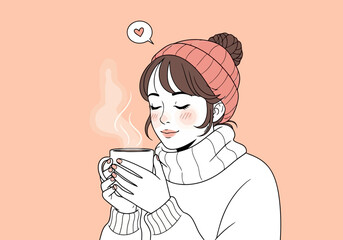 Illustration of a young woman wearing a knitted hat and sweater, holding a steaming mug of a hot beverage with her eyes closed and a heart symbol above her head