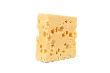 A piece of maasdam cheese isolated on white background