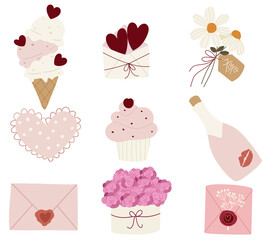 Valentine Love Icon Set — Cute Romantic Clipart, Hearts, Cupcakes, Flowers, Cherries, Bows, Letters, Sweet Aesthetic Illustration