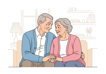 Illustration of elderly couple holding hands and looking at each other lovingly while sitting on a couch, symbolizing enduring love and companionship