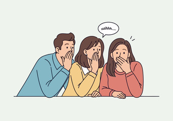 Illustration of three people whispering secrets to each other, covering their mouths and looking surprised, with a speech bubble saying ushhh