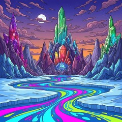 Vibrant Crystal Landscape with Colorful River Under a Moonlit Sky.
