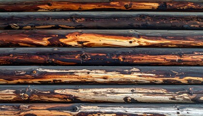 Close-up view of weathered wooden logs, showing intricate grain and color variations