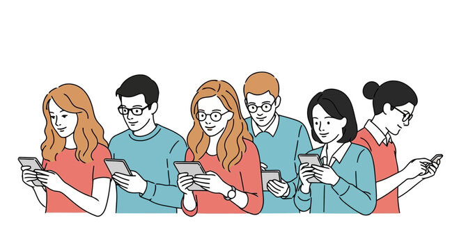 Illustration of diverse group of people engrossed in their smartphones, illustrating modern communication and digital connection