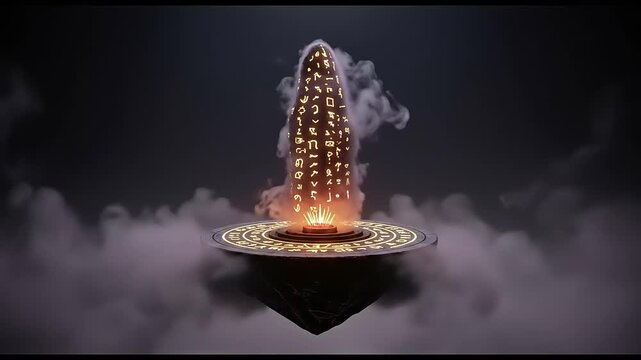 Mystical stone obelisk with glowing inscriptions rising from a floating platform amidst clouds