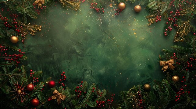 Festive christmas scene with green fir branches, bright ornaments, and sparkling decorations