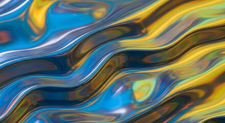 Obraz premium Abstract, flowing, wavy, and colorful liquid art with shades of blue, yellow, and silver.