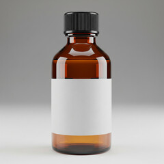 Amber glass dropper bottle with a blank white label and black cap isolated on white background for product branding and labeling