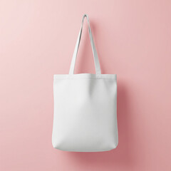 A simple white fabric tote bag with white straps hanging against a soft pink textured wall isolated on white background