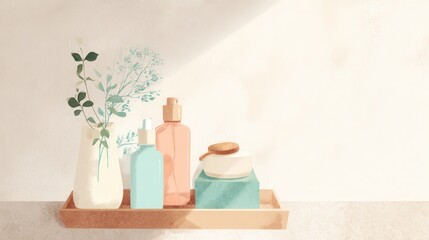 Pastel wellness bathroom decor, minimal wellness beauty setup, calming self-care home aesthetic
