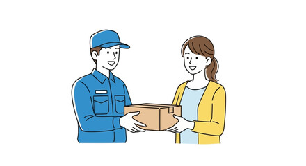 Illustration of a friendly delivery person in a blue uniform hands a package to a smiling woman