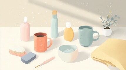 Soft pastel wellness arrangement, daily self-care essentials, minimal morning wellness setup