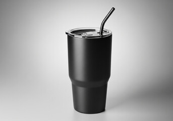 A sleek matte black insulated tumbler with a metal straw inserted into the lid presented isolated on white background