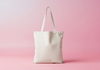 A simple off white canvas tote bag with two fabric handles stands upright on a flat surface isolated on white background