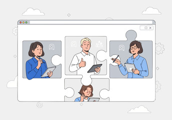 Illustration of teamwork puzzle illustration showing diverse people collaborating on a project within a browser window interface