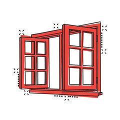 Obraz premium Illustration of open red window with six panes on each side, , comic book style illustration