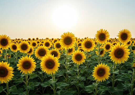 A vibrant field of tall sunflowers bathed in golden sunlight, stretching towards a clear sky. This scene radiates warmth, joy, and the essence of summer ,tranquility ,yellow ,bloom - Powered by Adobe
