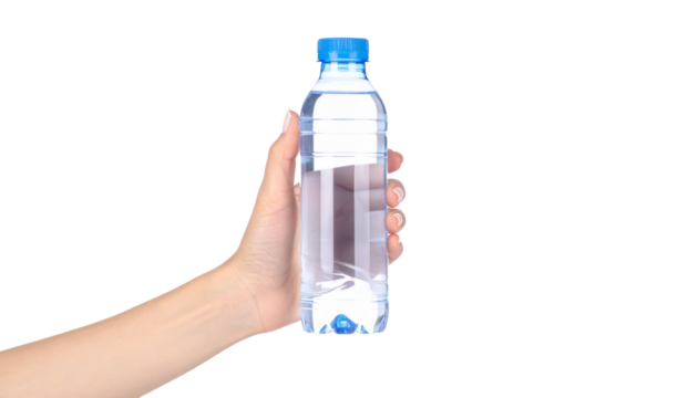 Hand holding water bottle beverage clear focus isolated on solid white background Png form