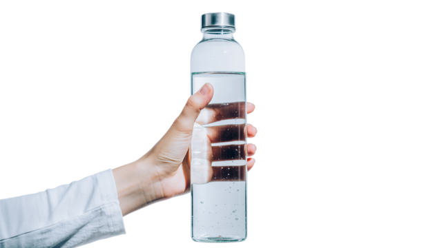 Hand holding water bottle beverage clear focus isolated on solid white background