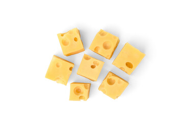 Maasdam cheese cubes isolated on white background.