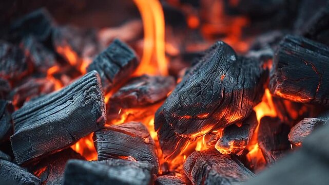 Flammen und hei&szlig;e gl&uuml;hende Holzkohle, Generative KI