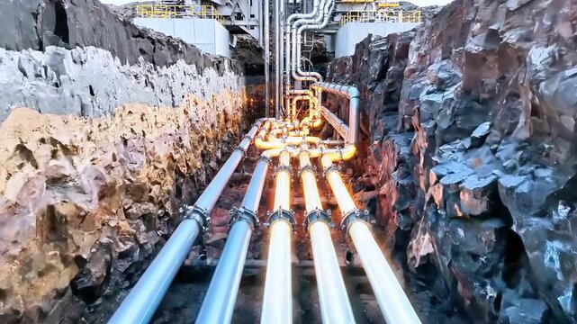 Construction site shows workers, heavy machinery, pipes, and underground infrastructure with glowing elements
